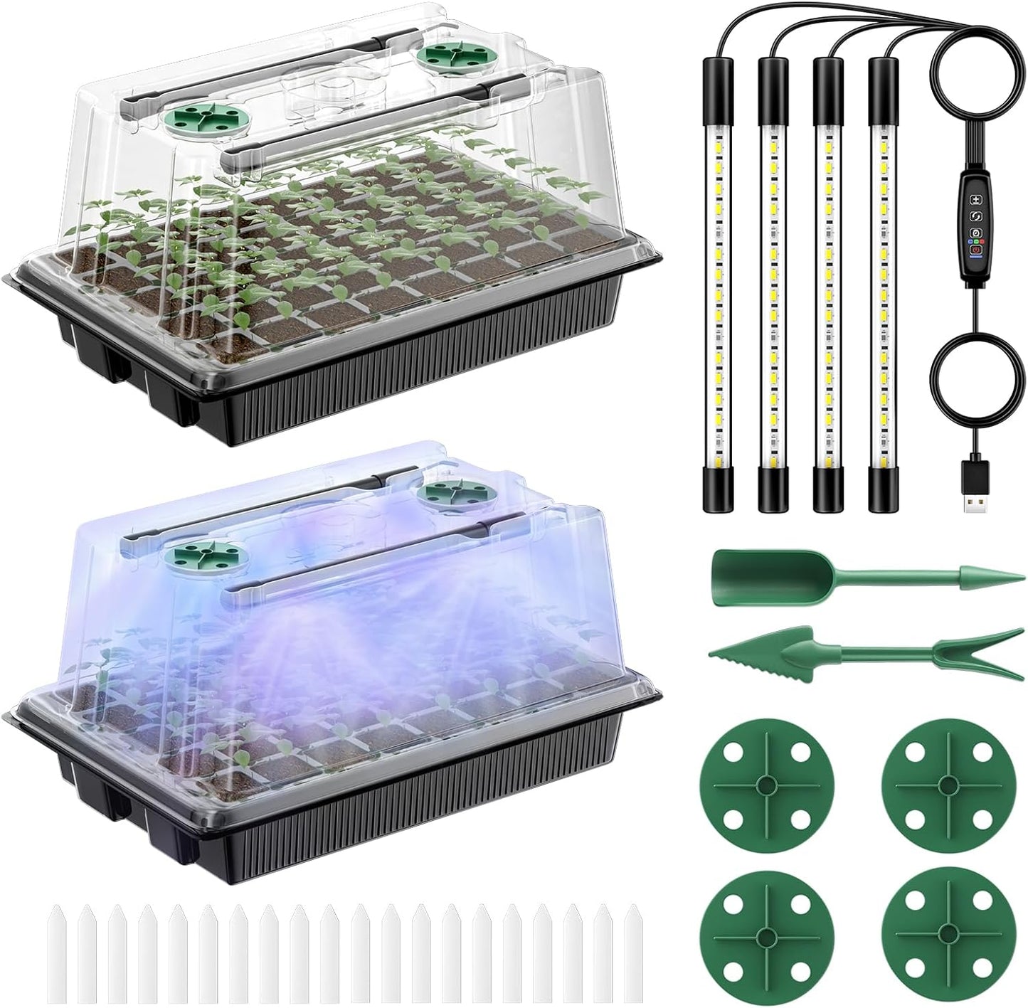 Pawfly Seed Starter Trays, 2 Pack 80 Cells Seed Starter Kit with Adjustable Grow Light Bars & 3.5" Humidity Domes, Seeding Tray with Lids, Reusable Plant Germination Trays for Seed Starting