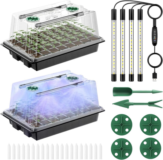 Pawfly Seed Starter Trays, 2 Pack 80 Cells Seed Starter Kit with Adjustable Grow Light Bars & 3.5" Humidity Domes, Seeding Tray with Lids, Reusable Plant Germination Trays for Seed Starting