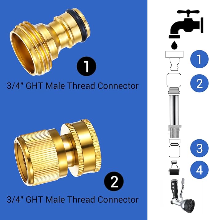 Garden Hose Quick Connector, 6 Sets Solid Brass Quick Connect 3/4 Inch GHT Thread Fitting Connect Kit No-Leak Water Hose Connectors (Female+Male)
