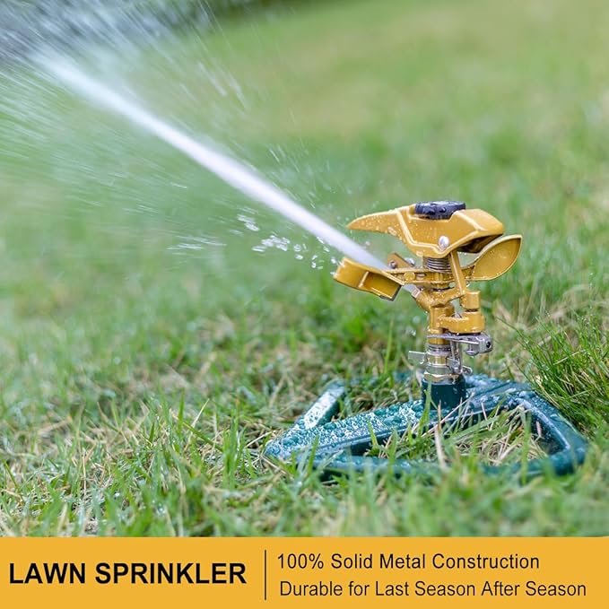 FANHAO Heavy Duty Pulsating Impact Lawn Sprinkler with Metal Base, 100% Metal Adjustable Circular Zinc Impulse Sprinkler for Yard Lawn, 360 Degree Large Area Coverage, Covers Up to 5800 sq. ft