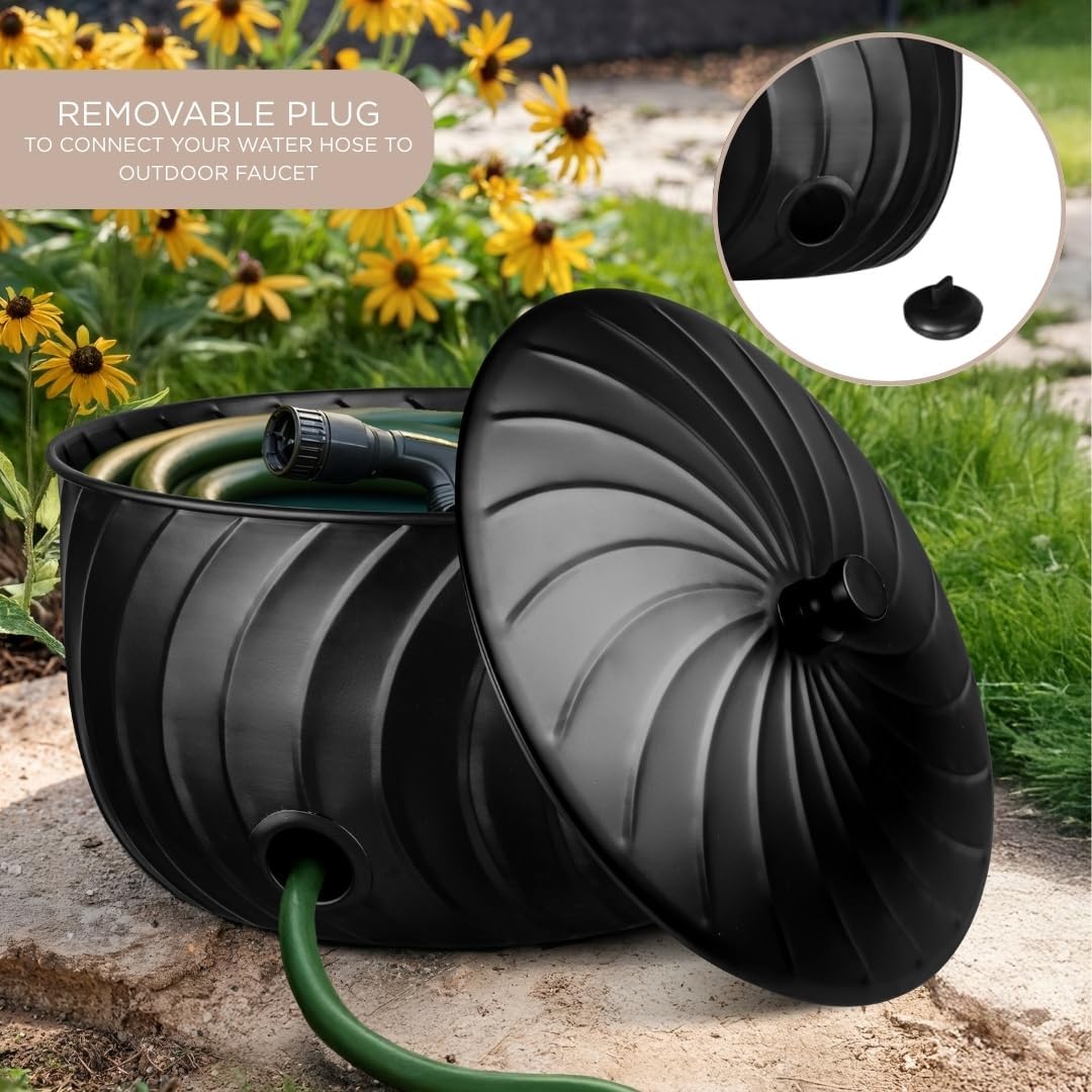 Monarch Abode Decorative Garden Hose Holder with Lid, Matte Black Storage for Outdoor Use, 100 ft Water Hose Pot for Outside, Wave Embossed Metal Pot with Drainage, Garden Storage Organizer