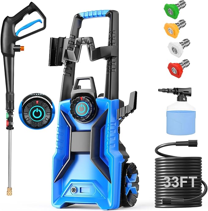 Pressure Cleaner 5000 PSI 3.0 GPM Adjustable Pressure, High Power Cleaner with 33ft Pressure Hose, 4 Nozzles and 500ml Foam Cannon for Cars/Fences/Driveways/Patios/Home Cleaning (Blue)
