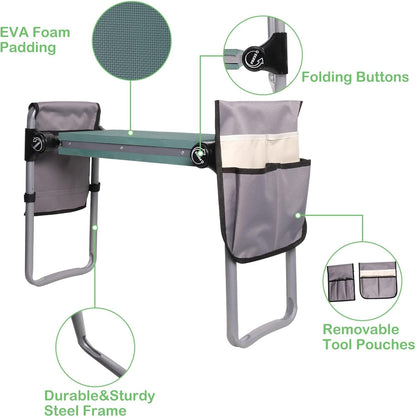 Garden Kneeler and Seat, 2024 Upgraded Foldable Heavy Duty Kneeling Bench with 2 Tool Bags and Widen Soft EVA Foam Pad for Senior, Green