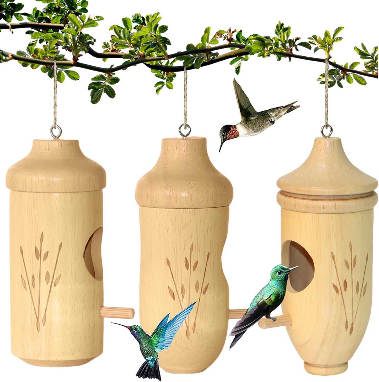 Hummingbird House - Natural Wooden Hummingbird Houses for Outside Hanging, Gardening Gifts Home Decoration 3 Packs