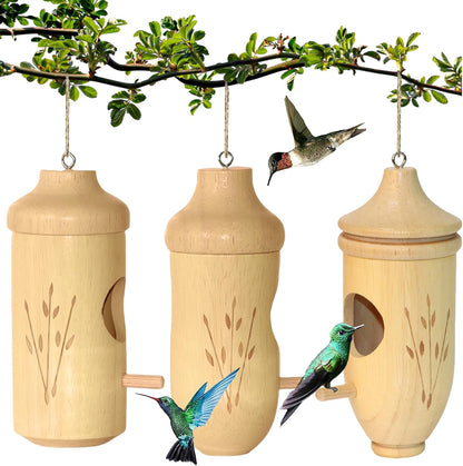 Hummingbird House - Natural Wooden Hummingbird Houses for Outside Hanging, Gardening Gifts Home Decoration 3 Packs