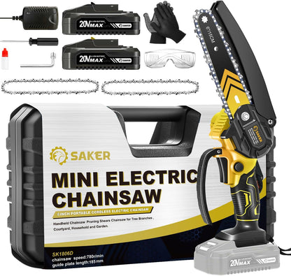 Saker Mini Chainsaw,6 Inch Portable Electric Chainsaw Cordless, Small Handheld Chain saw for Tree Branches,Courtyard, Household and Garden (SK1806D-Y)