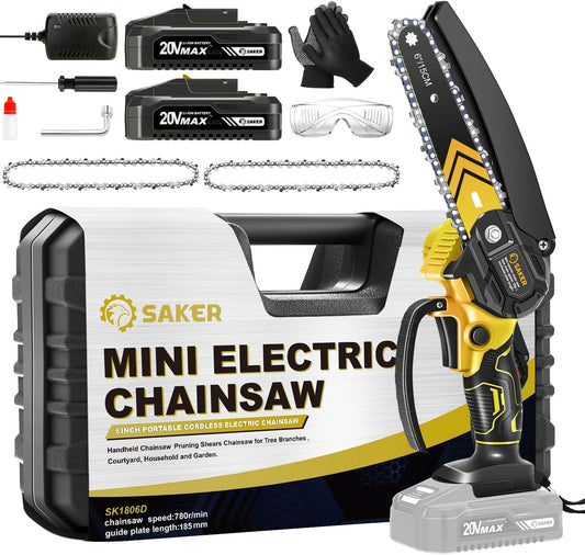 Saker Mini Chainsaw,6 Inch Portable Electric Chainsaw Cordless, Small Handheld Chain saw for Tree Branches,Courtyard, Household and Garden (SK1806D-Y)