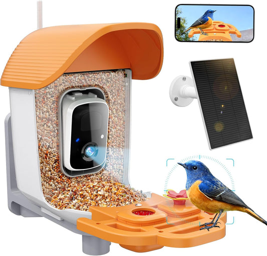 Smart Bird Feeder With 3MP HD Camera & AI Identify, Hummingbird Feeder With Solar Panel, Supports Two-Way Audio, Instant Arrival Alerts, Birdhouses For Outdoors, Gifts For Bird Lovers, Orange