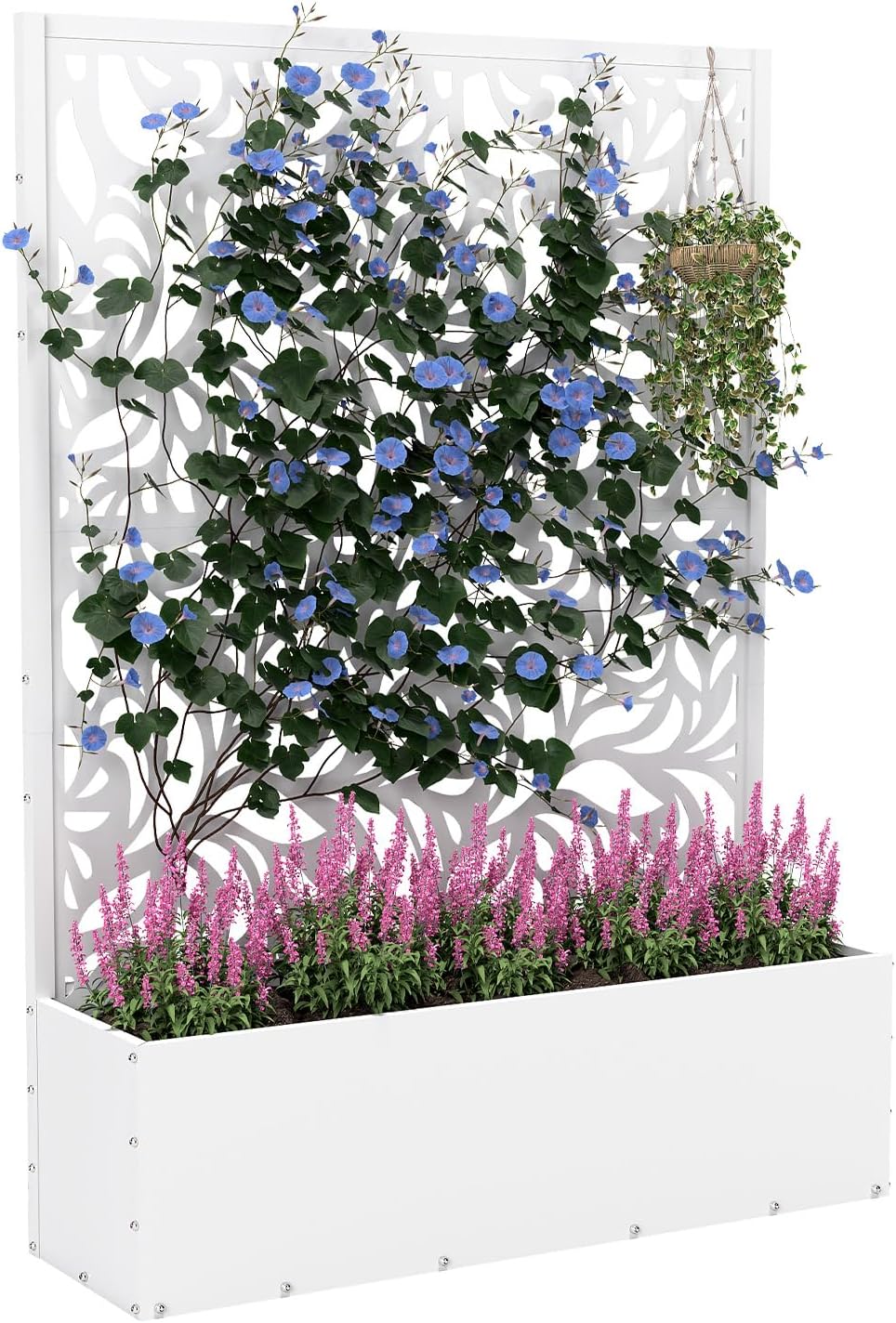Metal Planter Box with Trellis,70.9"x47.2"x15.7" Raised Garden Bed with Drainage Holes, Privacy Planters for Outdoor Garden Bed for Climbing Plants,Vegetables,and Vines, White-Flower