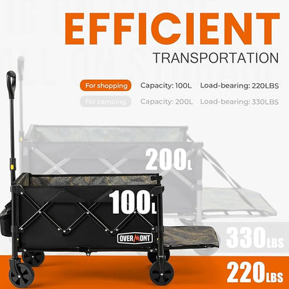 OVERMONT Collapsible Wagon with Tailgate - 220lbs Extended Lightweight Foldable Utility Wagons Folding Cart with Wheels - Small Garden Grocery Cart for Shopping,Grocery,Sports,Garden