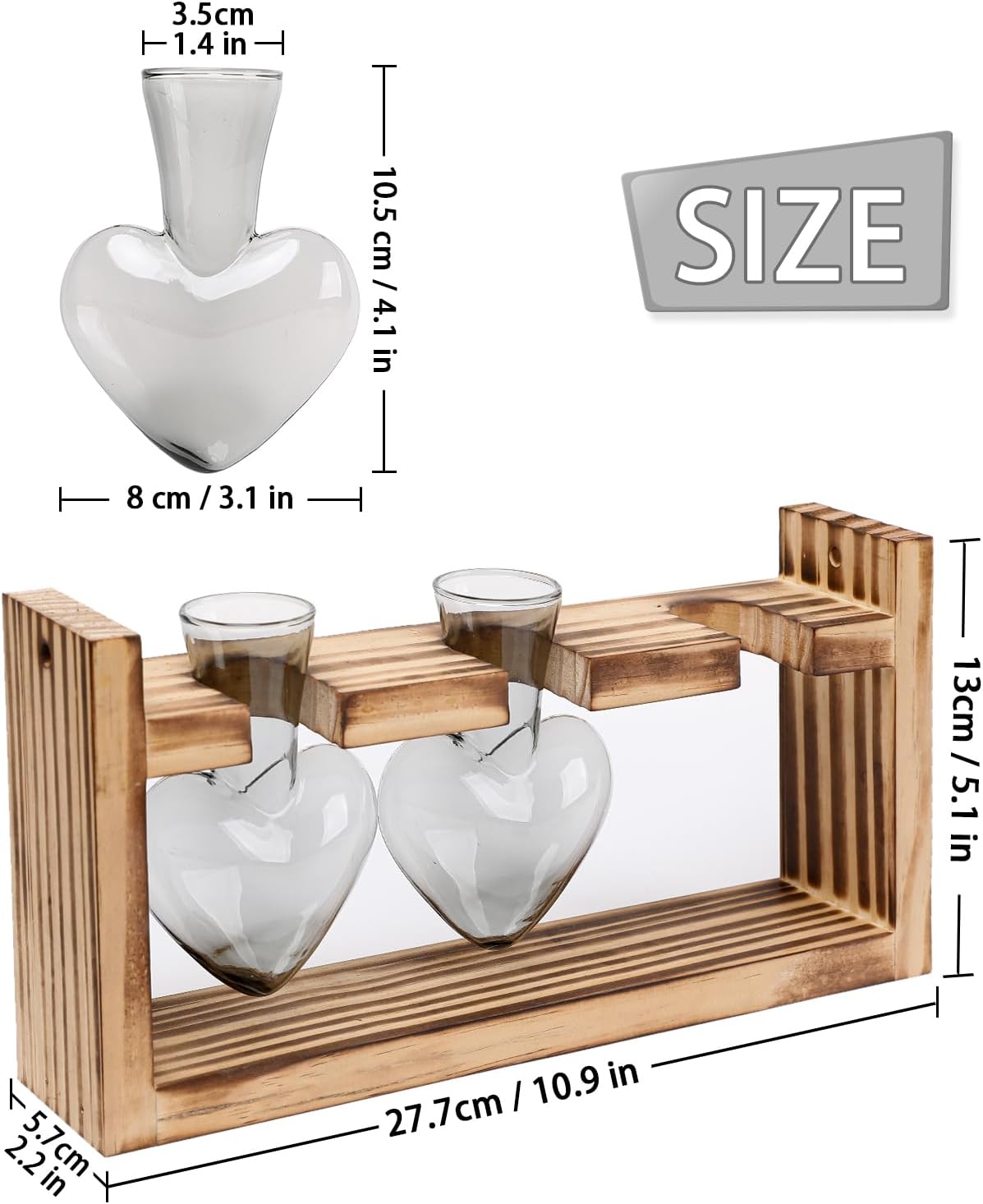 Plant Terrarium Propagation Stations Hydroponics Home Garden Decoration Gift for Women with Wooden Stand Heart Shaped Colored Glass Vase