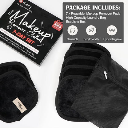 Orighty Makeup Remover Cloths 7-Day Set, Premium & Reusable Makeup Remover Pads, Erase Make-up With Just Water, Make-up Set For Eyes, Lips, Foundation and more, Ideal Choice For Women (Black)