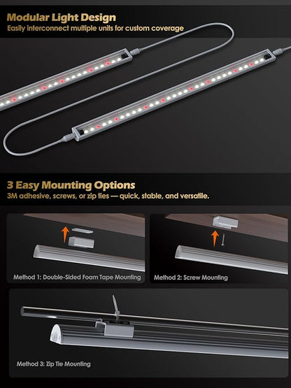 Smart Grow Light for Indoor Plants,3500K Full Spectrum LED Plant Light Strips with 3/9/12H Auto Timer,Stepless Dimming,Modular Design，Plug and Play (White, 6 Pack 48W)