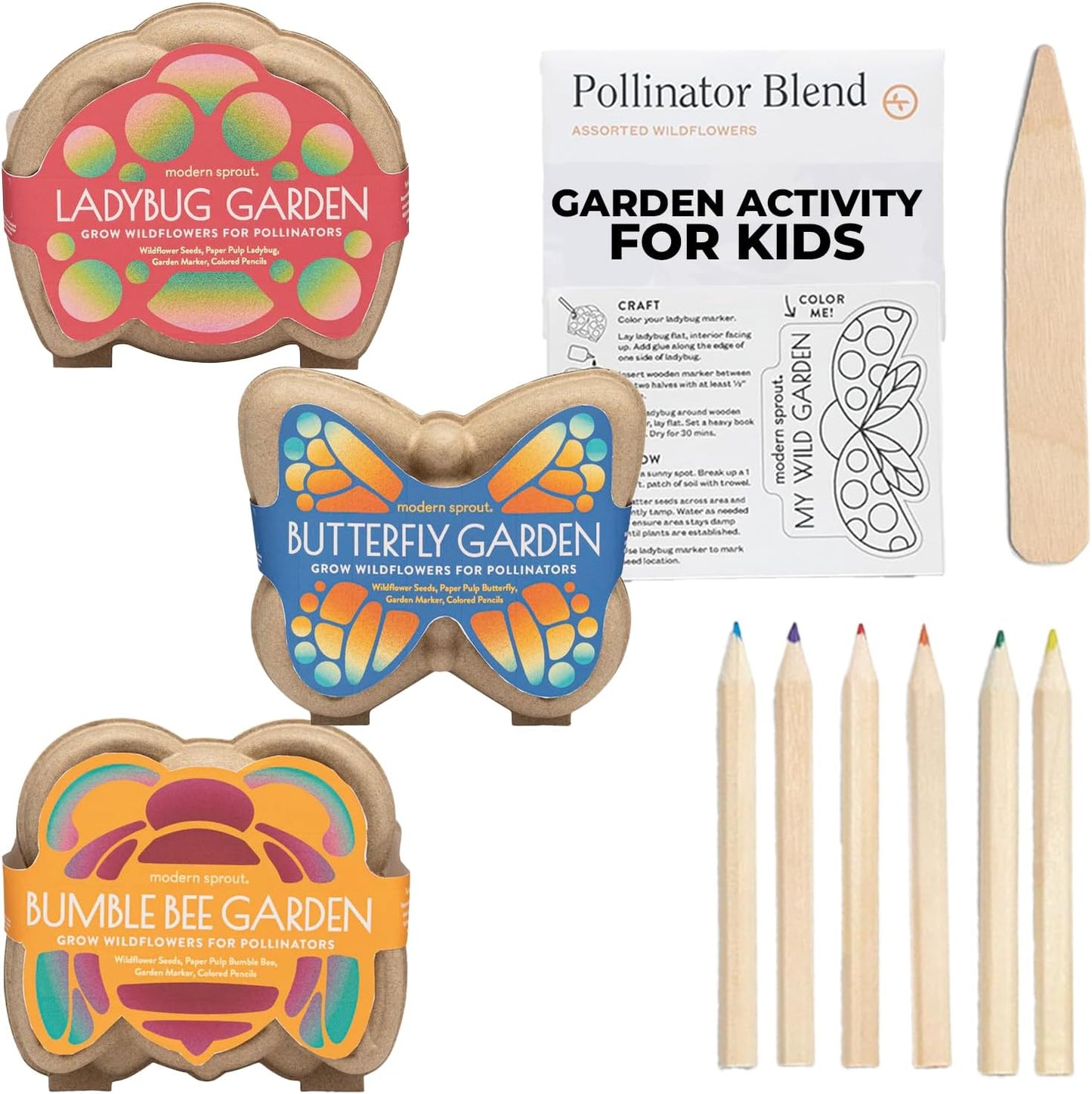 Modern Sprout Curious Critters Garden Activity Kit [3-Pack] Mixed Wildflower Seeds Packet, Butterfly, Ladybug & Bumblebee - Garden Seed Starter Kit - Kids Gardening Set - Sustainable Gardening Gift