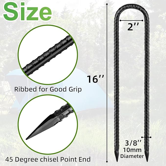 Black Trampoline Stakes Anchors High Wind 16inx10mm Galvanized U Hook 20pcs Rebar Stakes – Heavy Duty Ground Anchors for Trampoline,Yard & Inflatable,Landscape Metal Stakes for Outdoor Decorations