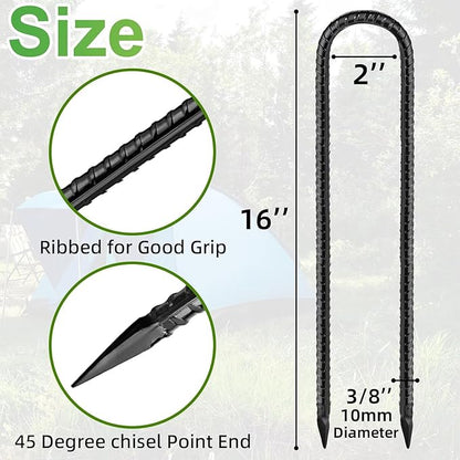 Black Trampoline Stakes Anchors High Wind 16inx10mm Galvanized U Hook 20pcs Rebar Stakes – Heavy Duty Ground Anchors for Trampoline,Yard & Inflatable,Landscape Metal Stakes for Outdoor Decorations