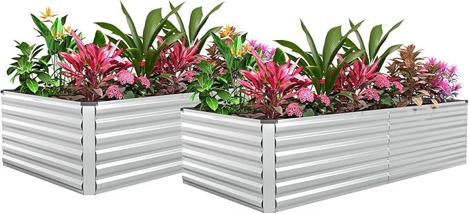 FOOWIN 2pcs 8x4x2ft Galvanized Raised Garden Bed, Planter Raised Garden Boxes Outdoor, Large Metal Raised Beds for Gardening, Garden Bed for Vegetables, Flowers, Herb,478 Gallon Capacity, Silver