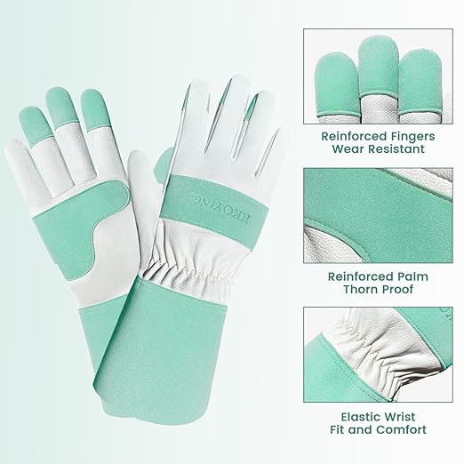 Gardening Gloves, Long Thorn Proof Garden Gloves for Women and Men, Goatskin Breathable Leather Work Gloves for Gardening, Pruning, Yard Work, Turquoise, S