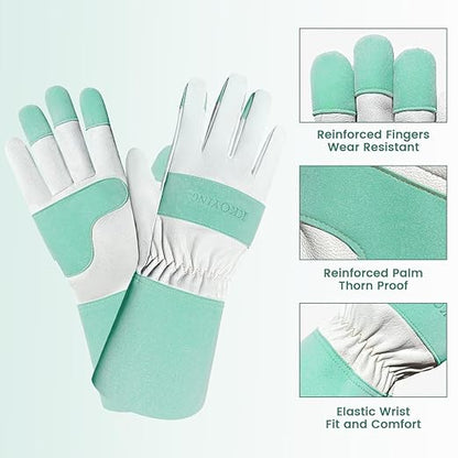 Gardening Gloves, Long Thorn Proof Garden Gloves for Women and Men, Goatskin Breathable Leather Work Gloves for Gardening, Pruning, Yard Work, Turquoise, L