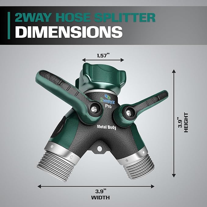 2WAYZ Hose Splitter 2 Way Heavy Duty Outdoor Faucet and Garden Connector - Water Spigot Splitter - Durable All-Metal Y Adapter with Shut-Off Valve - 4 x 4 x 1.5 Inches