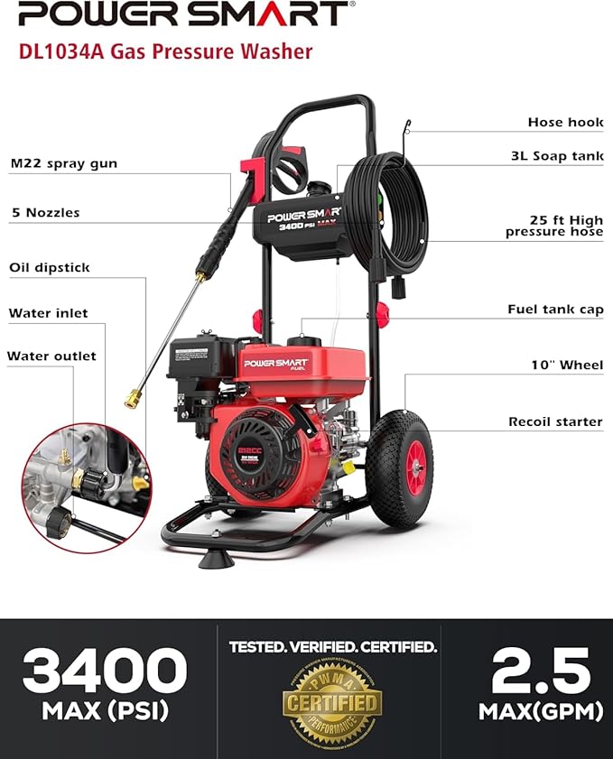 PowerSmart Gas Pressure Washer 3400 PSI, 2.5 GPM Gas Powered Pressure Washer, 212CC Engine, 10" Wheels, 5 Nozzles for Patio, Car, Driveway, Fence & Home Cleaning