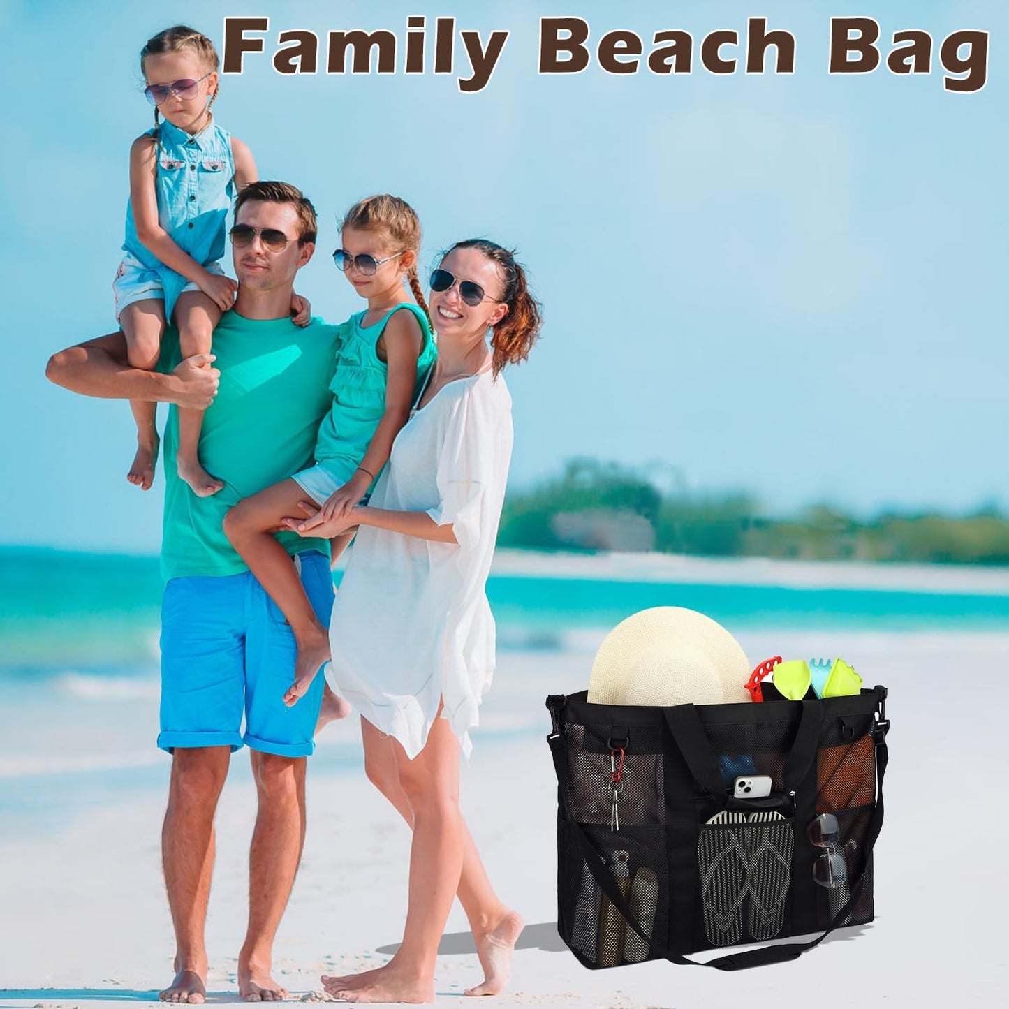 Mesh Beach Bag, Large Beach Tote with Zipper Pocket for Family Pool Bag for Toys & Vacation Essentials
