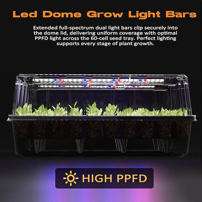 60-Cell Self-Watering Seed Starter Tray with Grow Light, Seed Starter Kit with 4.07” Humidity Dome, Indoor Seedling Starter Tray, Seed Starting Trays for Plant Germination, Seeds Growing