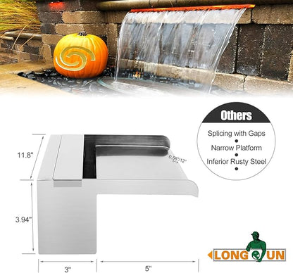 LONGRUN Waterfall Spillway Stainless Steel Pond Waterfalls with Color Changing LED Light, Outdoor Pool Fountain Water Spillway Waterfall Kit for Garden Patio Swimming Pool Koi Ponds Decoration-11.8"