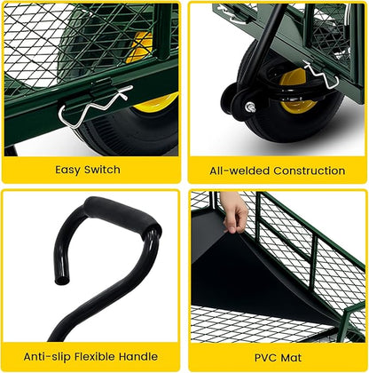 Steel Garden Cart, 2-in-1 Heavy Duty Utility Wagon 900 LBS Capacity Carts with Removable Mesh Sides to Convert into Flatbed, 240° U-Turn 10" Pneumatic Tires Garden Wagon for Lawn Camping Farm Yard