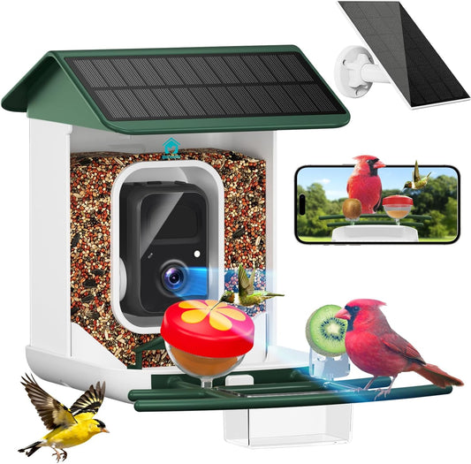 Smart Bird Feeder with Camera-AI Identify 11,000+ Species, 2K HD Auto Capture Birds Video & 64G TF Card, Solar-Powered Wireless Outdoor Design, Birdhouse with Built-in Two-Way Microphone