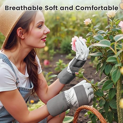 Gardening Gloves, Long Thorn Proof Garden Gloves for Women and Men, Goatskin Breathable Leather Work Gloves for Gardening, Pruning, Yard Work, Grey, M