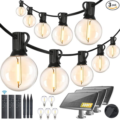 300FT Solar String Lights Outdoor Waterproof with Remote,G40 Solar Powered String Lights with 60+3 LED Shatterproof Bulbs, Dimmable Solar Patio Hanging Lights for Outside Backyard Party
