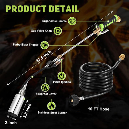 Weed Torch, Propane Torch Weed Burner with 10 ft Hose, 1800,000 BTU, Flame Weeder with Flame Control for Weeding, Snow Melting