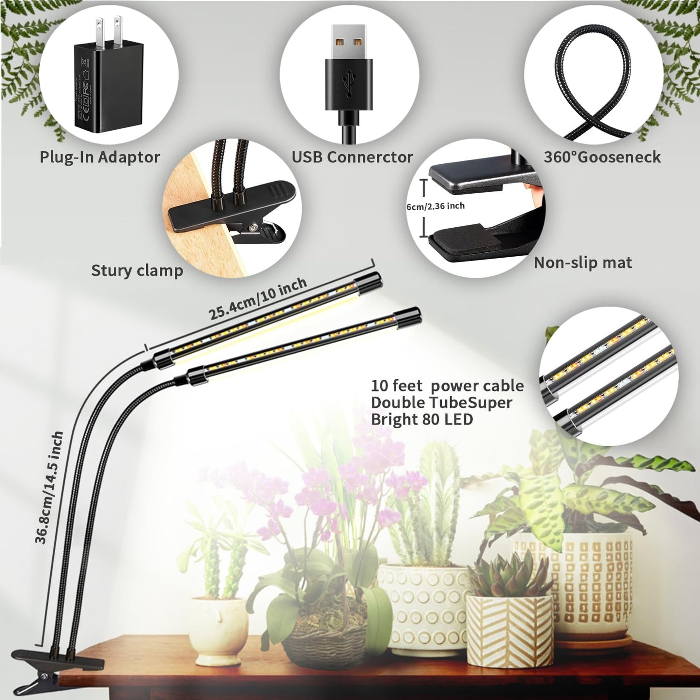 Full Spectrum Grow Light for Indoor Plants, Dual Heads Grow Lights with 10 Dimmable Levels & 3 Timer Modes (3/9/12H), Adjustable 360° Gooseneck for Plants Indoor Growing(2 Pack)