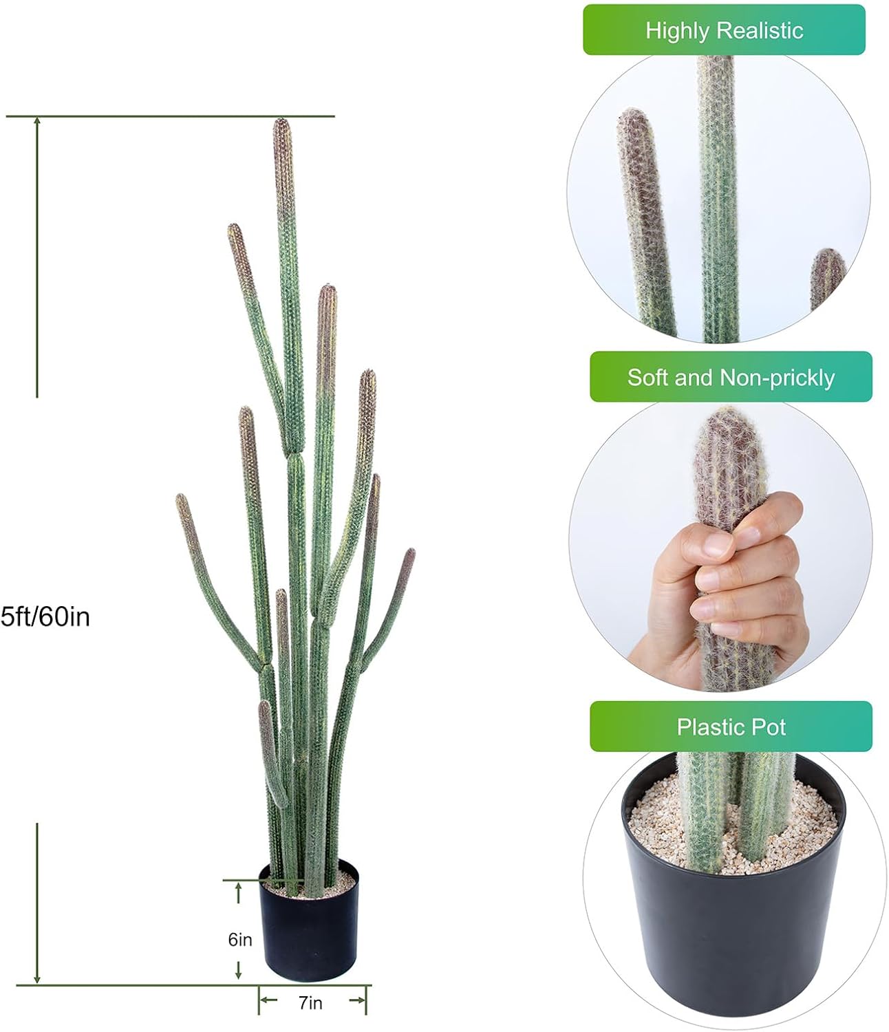 Tall UV Resistant Faux Cactus Plant，60in Realistic Texture Tall Fake Plant, Artificial Cactus Large with Black Pot Indoor Outdoor for Home Office Living Room Bedroom Foyer Porch Decor.