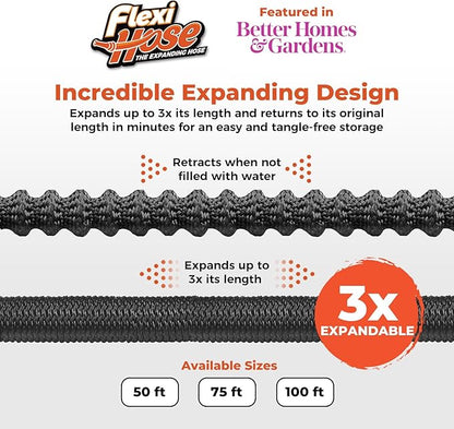 Flexi Hose Lightweight Expandable Garden Hose, No-Kink Flexibility, 3/4 Inch Solid Brass Fittings and Double Latex Core (75 FT, Black)