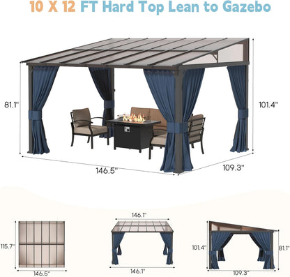 10' x 12' Gazebo，Hard Top Lean to Gazebo Wall Mount Heavy Hardtop Gazebos Outdoor Pergola with Curtains and Netting for Patio Garden Lawn Backyard Deck (Navy)