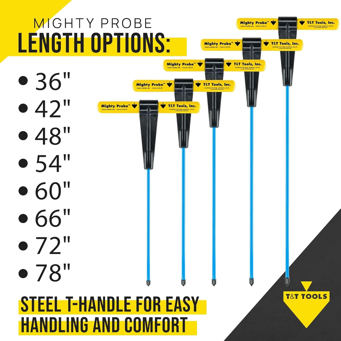 T&T Tools 42-Inch Mighty Probe Insulated Soil Probe – 3/8" Hex Rod Heavy Duty Steel T-Handle Probe for Landscaping, Utility Locating, Soil Testing & Wastewater, USA Made – 1 Pack