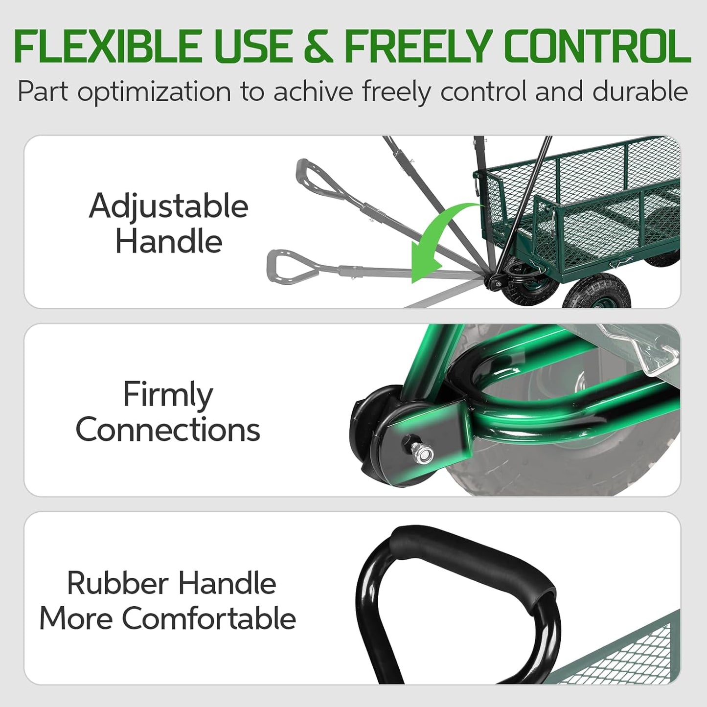 TAIFA Heavy Duty Steel Garden Cart 880 Lbs Capacity with Removable Sides for Yard Lawn and Farm, Metal Utility Wagon with 180° Rotating Handle, Green