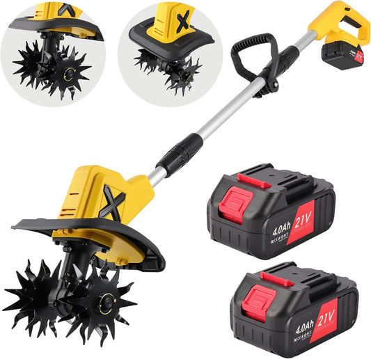 Cordless Electric Tiller, 270RPM High Speed Cordless Tiller, with 2 * 4.0Ah /21V Batteries & Charger, 9In Tilling Width and 6.6In Depth Garden Rototiller for Lawn/Gardening/Soil Cultivation