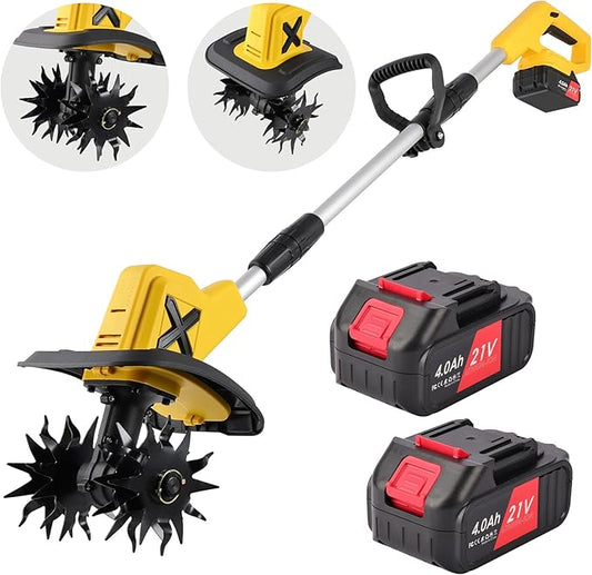 Cordless Electric Tiller, 270RPM High Speed Cordless Tiller, with 2 * 4.0Ah /21V Batteries & Charger, 9In Tilling Width and 6.6In Depth Garden Rototiller for Lawn/Gardening/Soil Cultivation