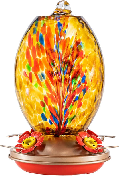 Muse Garden Glass Humming Bird Feeders for Outdoors - 27OZ Blown Glass Hummingbird Feeder - Unique Gift for Mom Women Grandparents, Outdoors Hanging Garden Decor, Ant Moat & Brush, Amber Fireworks