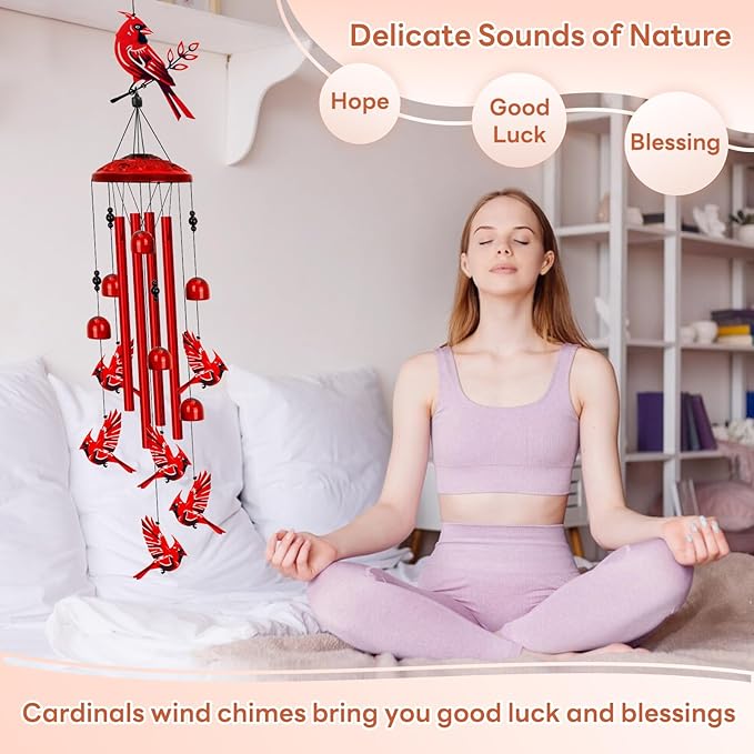 Cardinal Wind Chimes for Outside, Large Cardinal Garden Decor Bird Wind Chime, Memorial Cardinal Gifts for Women, 40" Outdoor Windchimes for Lawn, Porch, Patio, Yard, Christmas