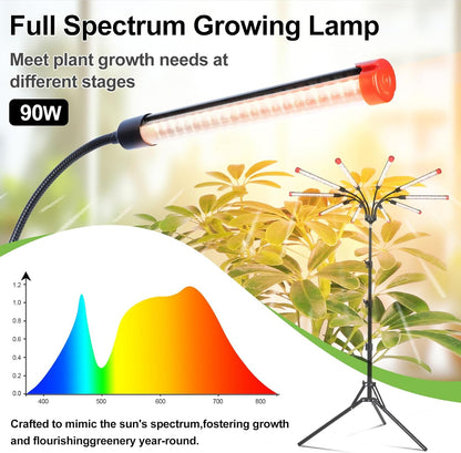 10Head Grow Lights for Indoor Plants, Seed Starting, Vegetables, Bonsai with Tripod Stand and Auto On/Off Timer 4/8/12H, 90W Power Full Spectrum Standing LED Plant Growing Lamps, 360° Gooseneck