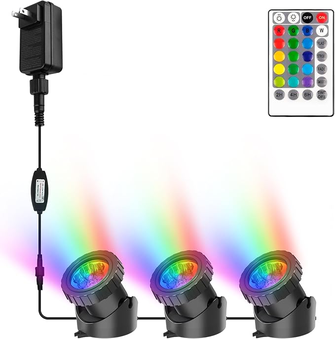 RGB Pond Lights with Timer, LED Underwater Submersible Colorful Landscape Spotlights, 98ft Remote Control IP68 Waterproof Fountain Lights for Fish Aquarium Tank Garden Yard Pool (Set of 3)