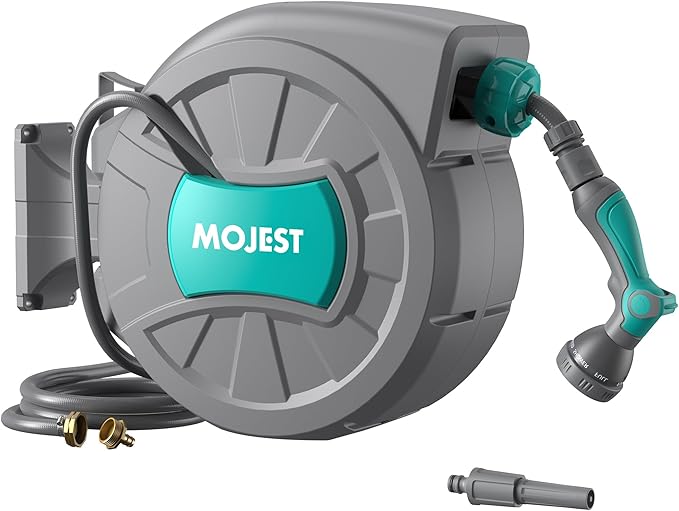 Retractable Garden Hose Reel - 1/2 in x 80 ft Wall Mounted Heavy Duty Water Hose Reel with Automatic Slow Rewind System, 180°Swivel Bracket, 2 Hose Nozzle, Dark Gray