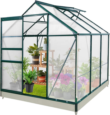 EAGLE PEAK 6x6x7 Outdoor Walk-in Hobby Greenhouse with Adjustable Roof Vent and Rain Gutter, Base and Anchor, Polycarbonate Aluminum Green House for Backyard Garden, Dark Green