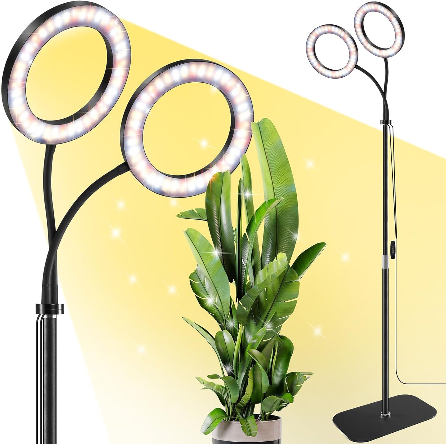 Dual Head Grow Light for Indoor Plants,Full Spectrum LED Halo Plant Lights with Stand, Floor Standing Growing Lamp with Adjustable Height,Auto Timer,Dimmable Brightness for Tall Large Plant