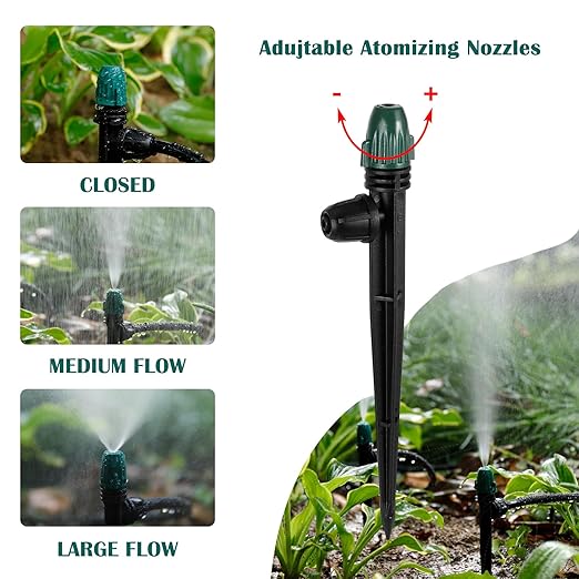 25PC Anti-Drop Drip Irrigation Spray,Lock Barbed Design Misting Drippers for 1/4" Irrigation Tubing,Adjustable 360 Degree Micro Spray on 6.3" Stake for Garden Watering System (25pc-Adjustable Emitter)