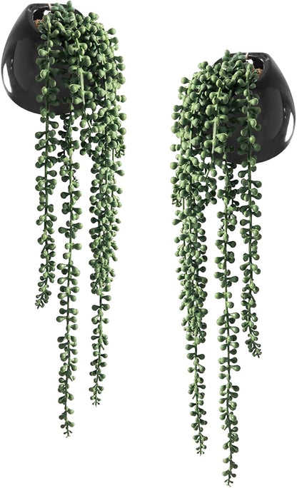 Tiita Artificial Hanging Plants, Faux Succulents in Pots, Realistic String of Pearls Plants for Home Office Accessories Window Sill Bathroom Bedroom Fake in Black Ceramic Pots, Set of 2